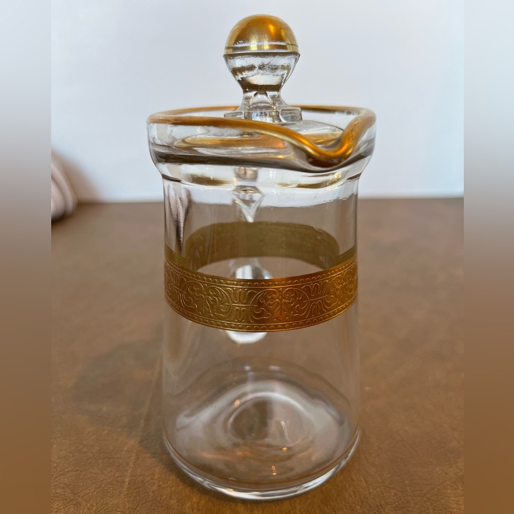 Rare Find Tiffin Glass Gilded Lidded Syrup Pitcher w Saucer, early 20th Century - Picture 2 of 11